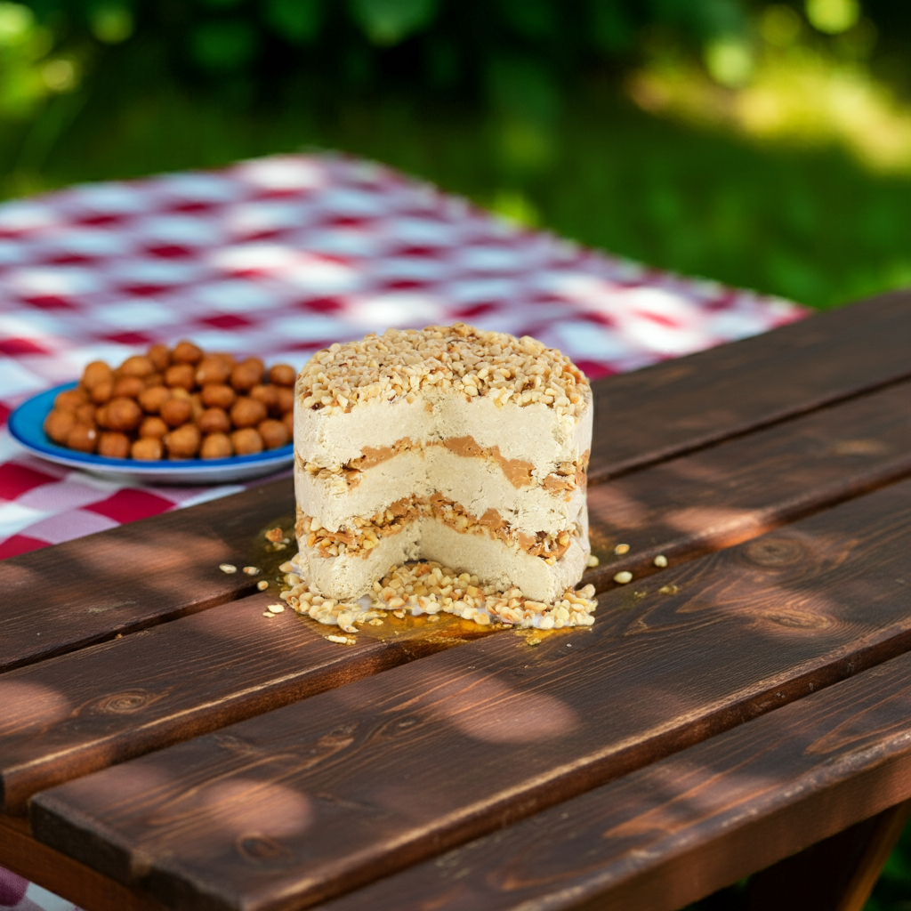 Premium Halva Cake – Caramel & Hazelnut displayed outdoors on picnic table
Premium Halva Cake – Karamel & Hazelnoot buiten gepresenteerd op picknicktafel
Premium Halva-Kuchen – Karamell & Haselnuss im Freien auf Picknicktisch präsentiert