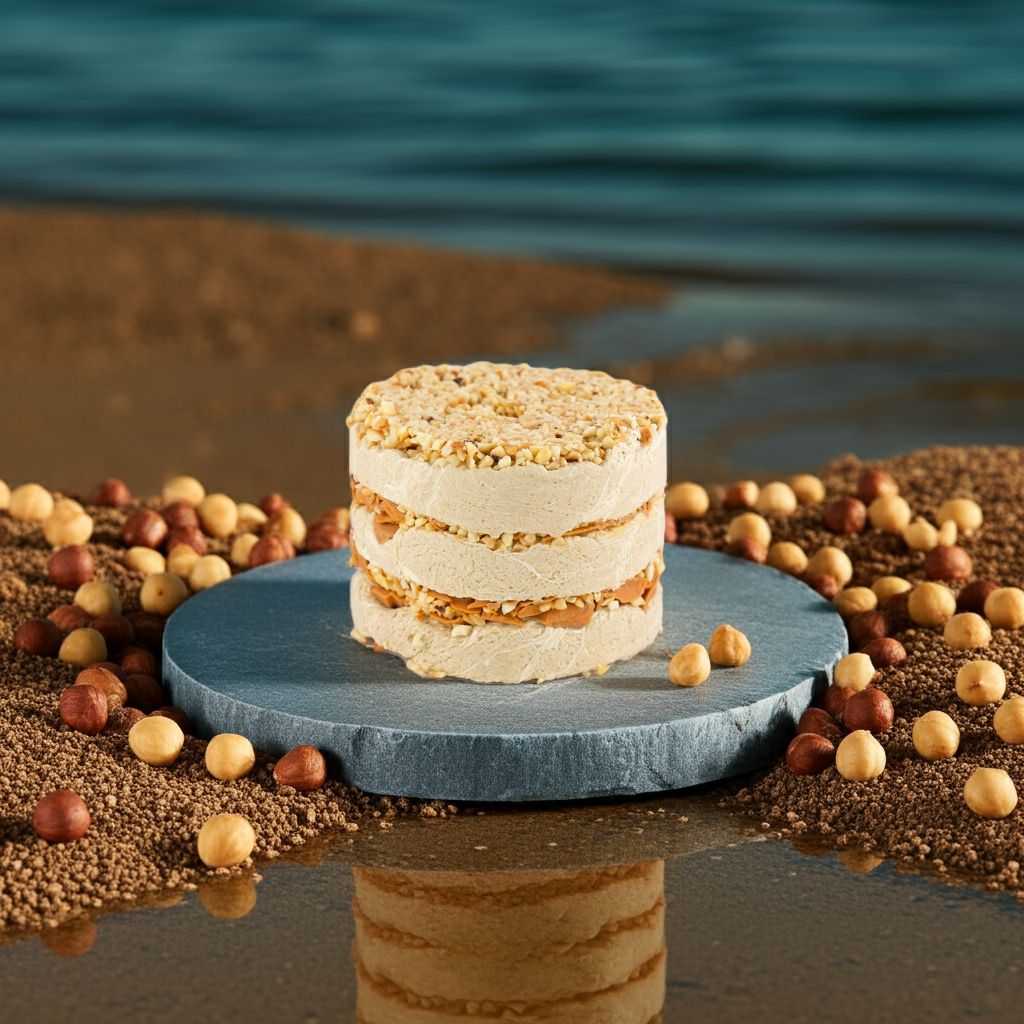 Premium Halva Cake – Caramel & Hazelnut served on plate in festive setting
Premium Halva Cake – Karamel & Hazelnoot geserveerd op bord in feestelijke setting
Premium Halva-Kuchen – Karamell & Haselnuss serviert auf Teller in festlicher Umgebung