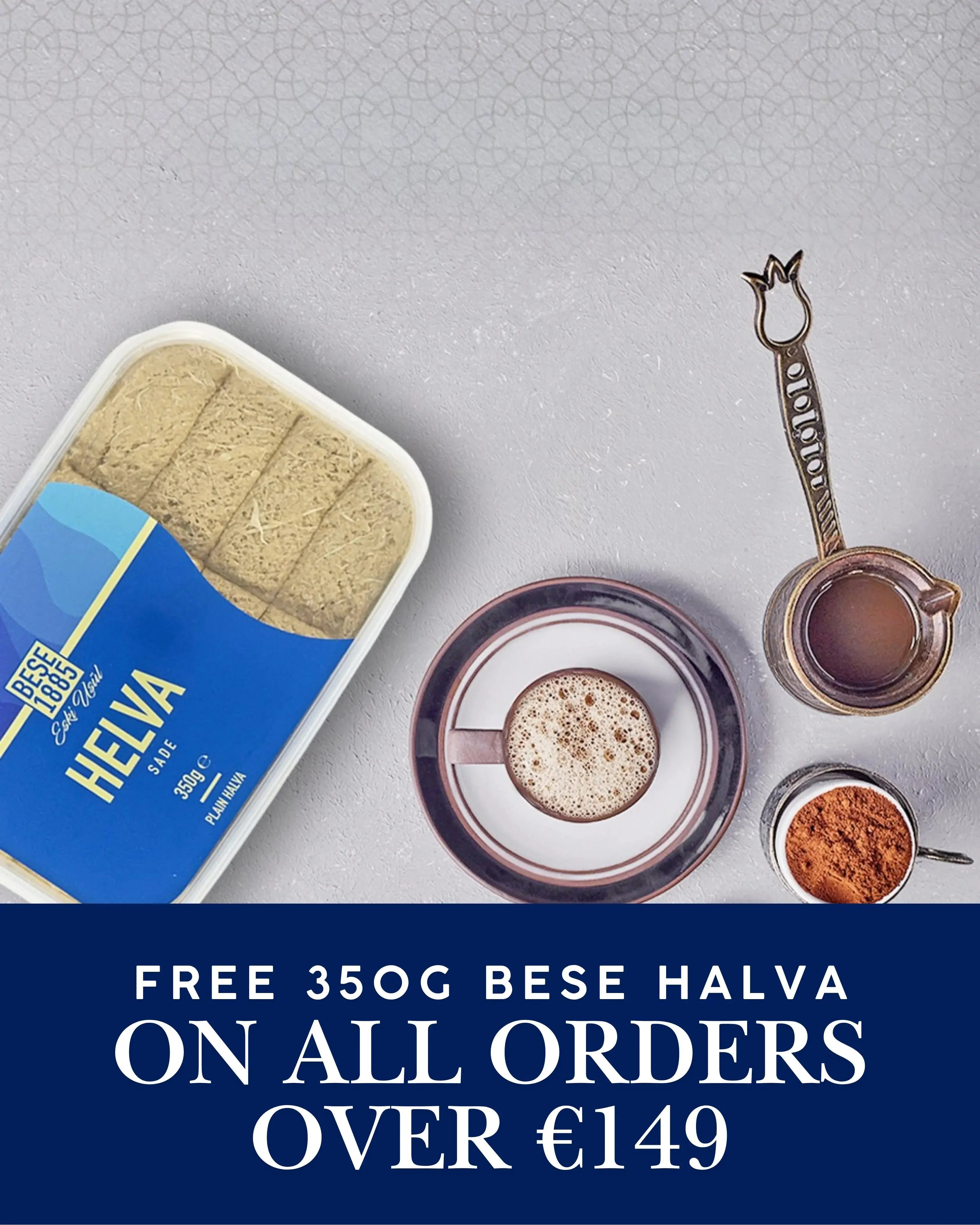 Bese Helva box with Turkish coffee, cezve, and cocoa powder on a gray table, special offer text.
