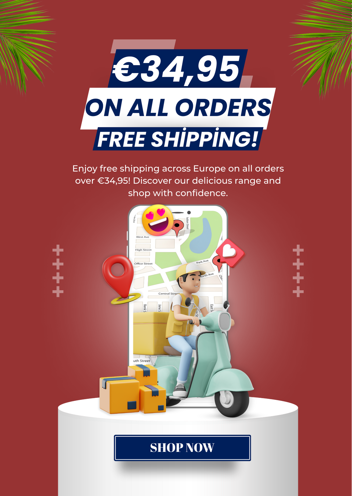 Free shipping €49 promotion, delivery rider on scooter, packages, mobile map background.