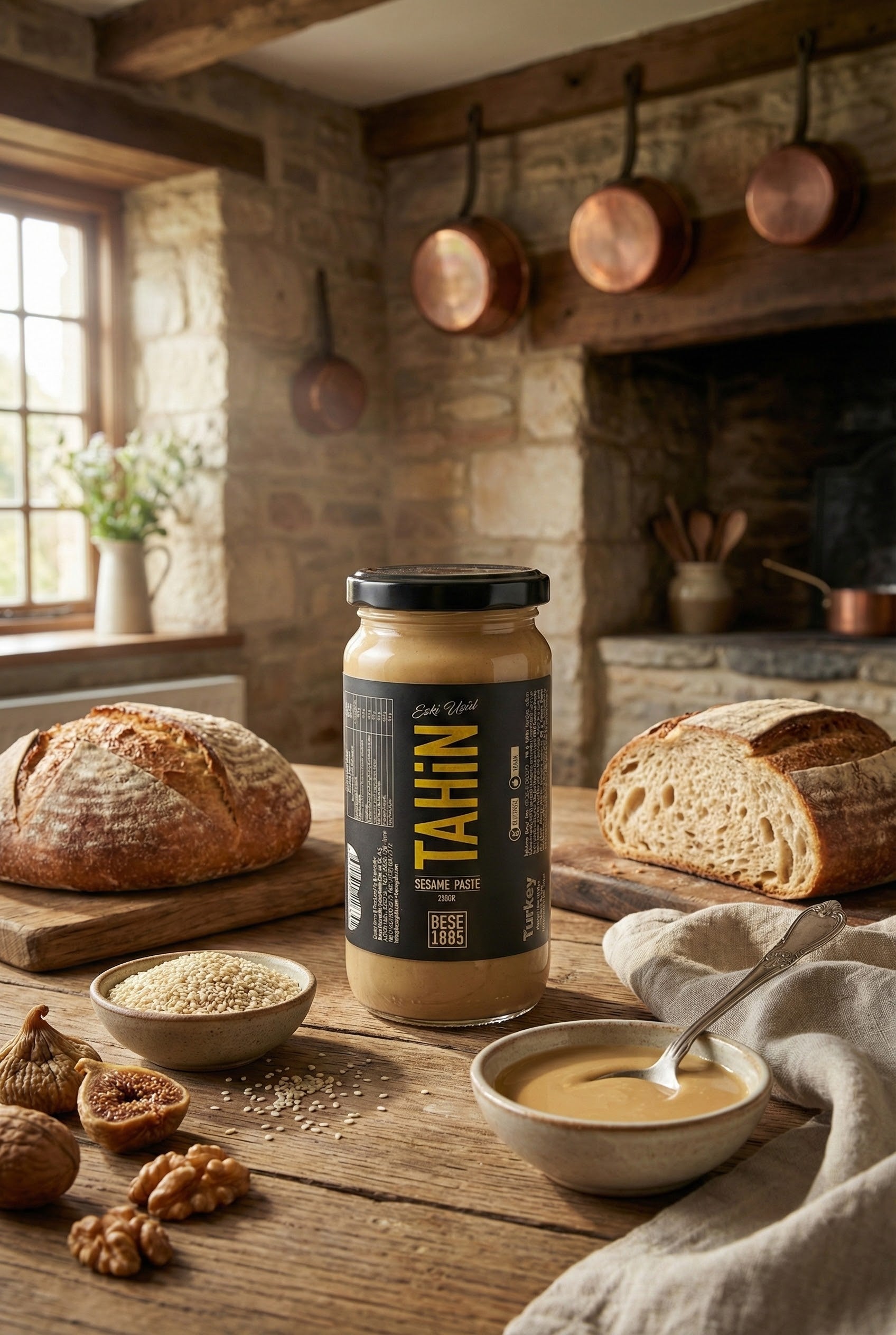 Premium Turkish Tahini – 100% Natural Stone-Ground Sesame Paste (230g Glass Jar) TurkelloFoods