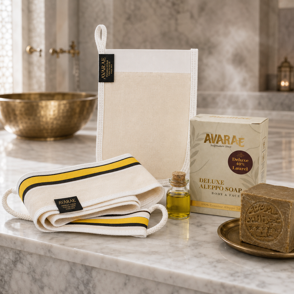 Avaraé Complete Hammam Set — Rug Kese + Hand Kese + Aleppo Zeep 40%