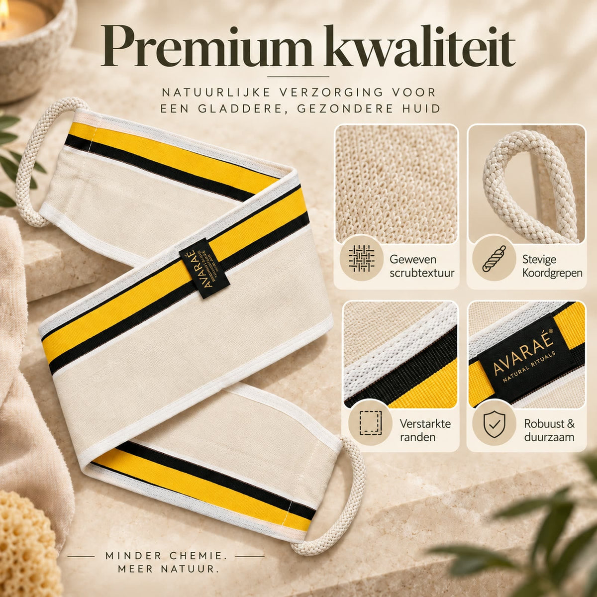 Premium kwaliteit: geweven scrubtextuur, stevige koordgrepen en verstevigde randen