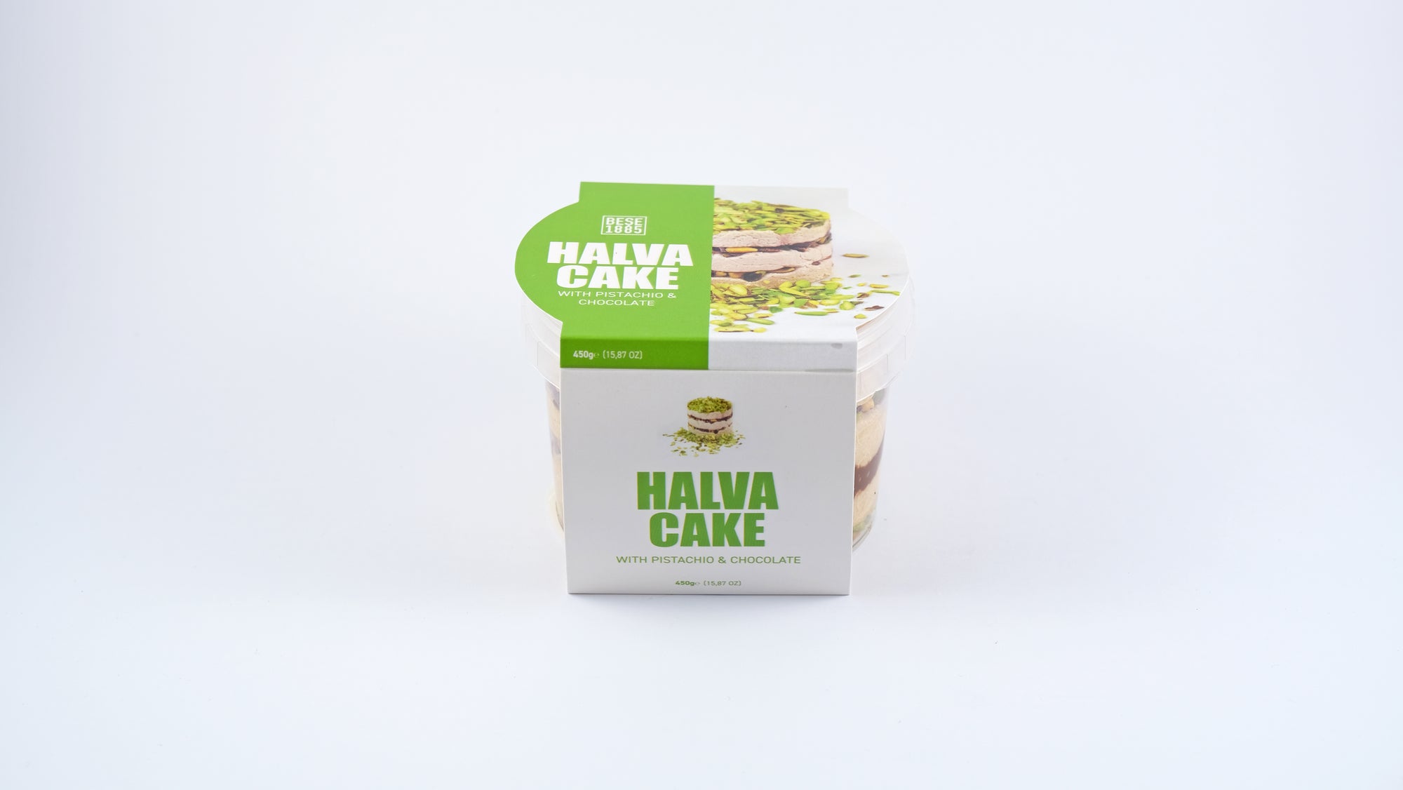 Front view of packaged Premium Halva Cake – Pistachio & Chocolate – 450g
Vooraanzicht van verpakte Premium Halva Cake – Pistache & Chocolade – 450g
Vorderansicht der verpackten Premium Halva-Kuchen – Pistazie & Schokolade – 450g