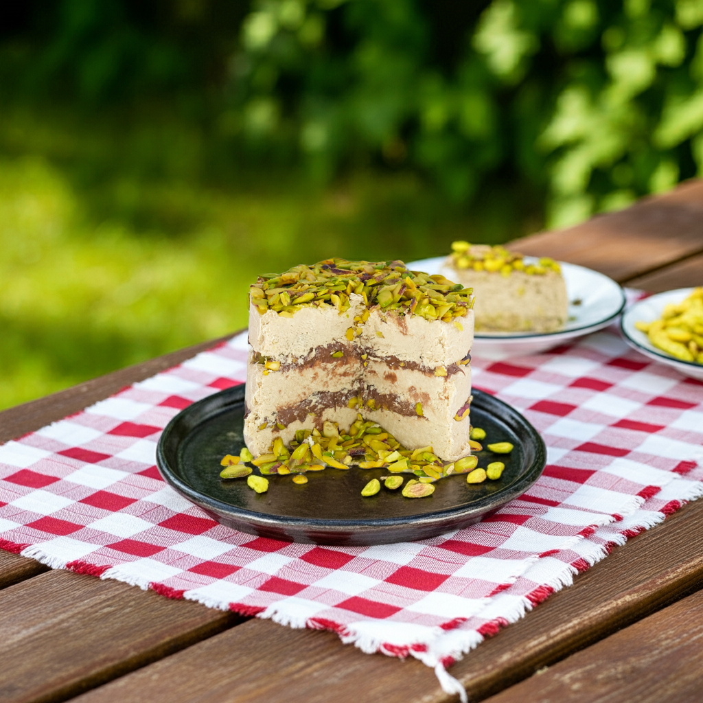 Pistachio & Chocolate Halva Cake served outdoors on a plate, picnic-style
Pistache & Chocolade Halva Cake geserveerd op een bord in picknickstijl
Pistazien- & Schokoladen-Halva-Kuchen im Freien auf einem Teller serviert