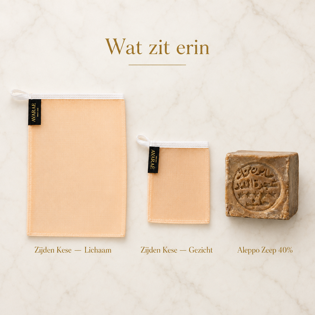 Avaraé Zijden Ritueel Set — Zijden Kese Duo + Aleppo Zeep 40%