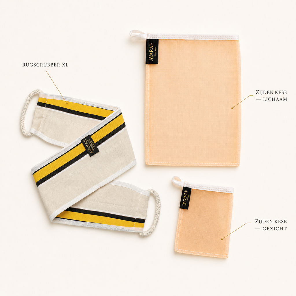 Avaraé Silk & Scrub Set — Zijden Kese Duo + Rugscrubber XL