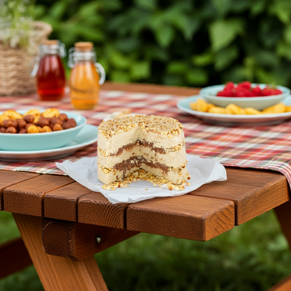 Sliced Premium Halva Cake with chocolate and hazelnuts served outdoors on a picnic table

Gesneden Premium Halva Cake met chocolade en hazelnoten geserveerd op een picknicktafel

Geschnittener Premium Halva-Kuchen mit Schokolade und Haselnüssen im Freien auf einem Picknicktisch serviert