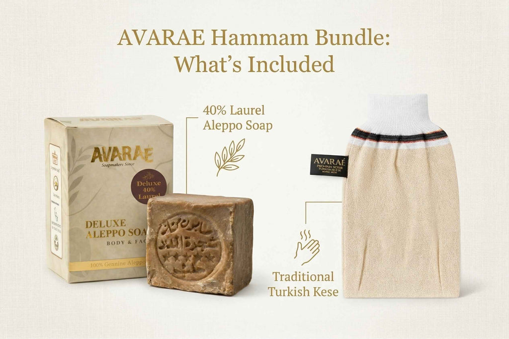 Avaraé Hammam Ritueel Set — Kese + Aleppo Zeep 40% Laurier