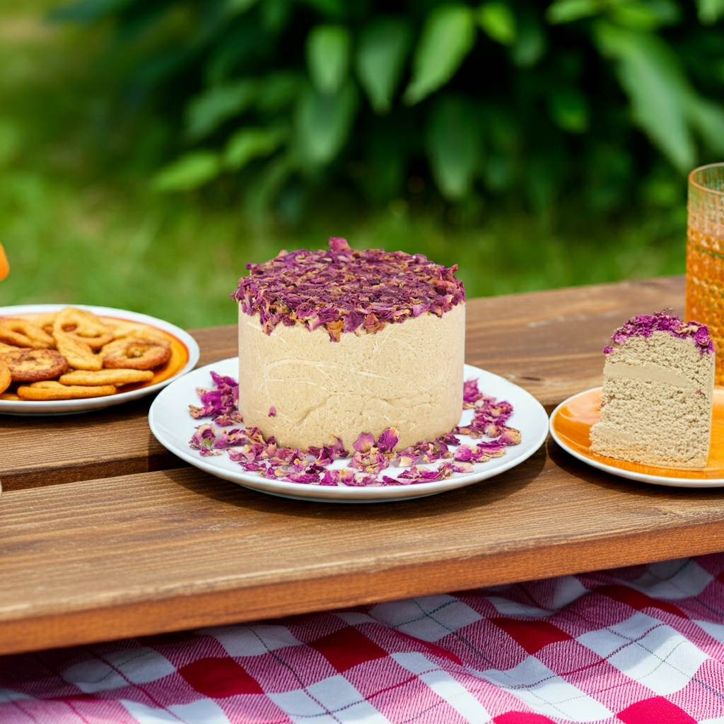 Premium Rose Halva Cake sliced and served with cookies and tea on a picnic table

Premium Halva Cake met rozenaroma gesneden en geserveerd met koekjes en thee op een picknicktafel

Aufgeschnittener Premium Halva-Kuchen mit Rosenaroma, serviert mit Gebäck und Tee auf einem Picknicktisch