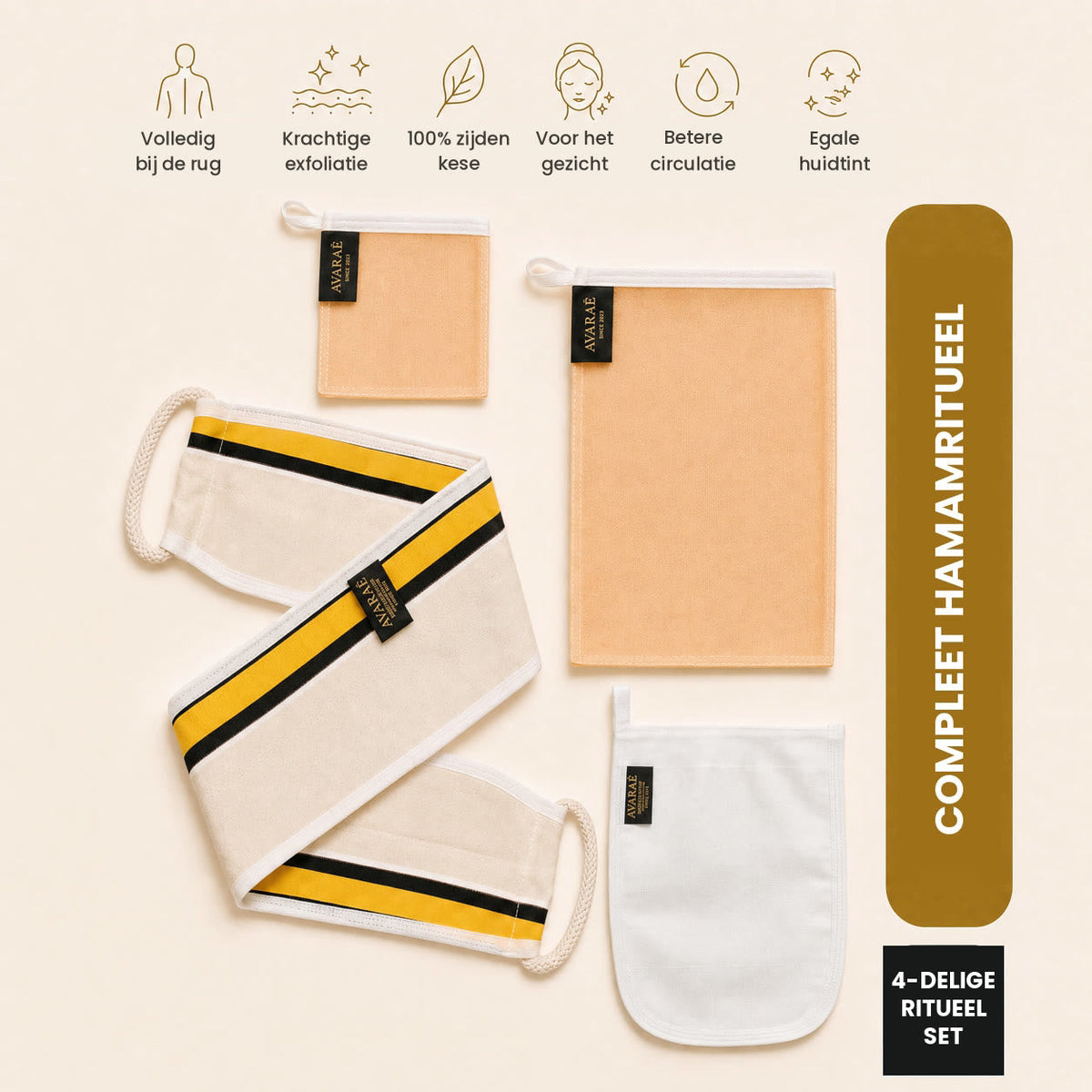 Avaraé Complete Kese Set 4-delig: rugscrubber XL, twee zijden kese en witte kese handschoen