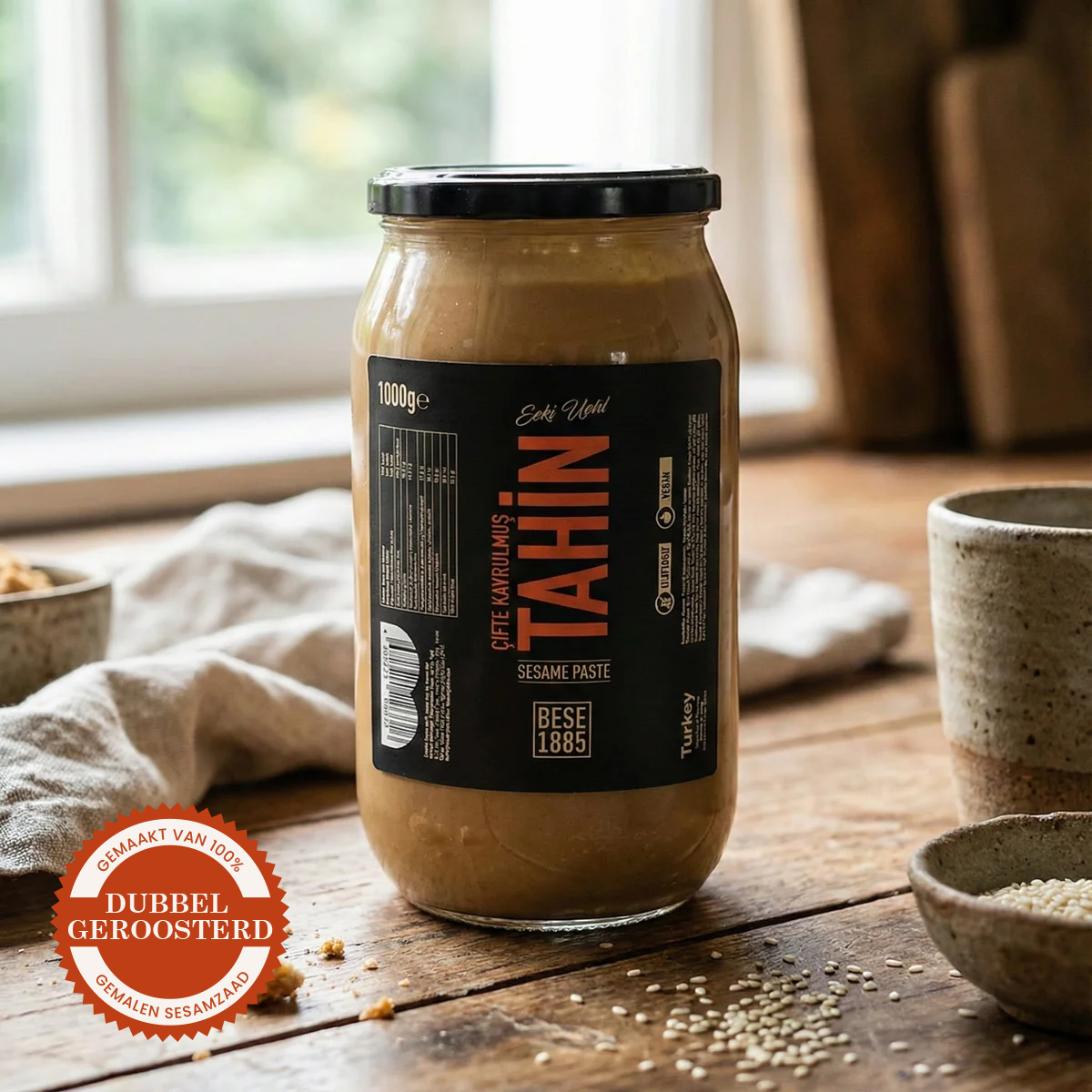 Premium Double Roasted Tahini Halva – 1000g Glass Jar TurkelloFoods
