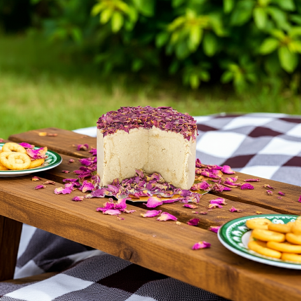 Premium Halva Cake with rose petals served outdoors on a wooden table
Premium Halva Cake met rozenblaadjes geserveerd buiten op een houten tafel
Premium Halva-Kuchen mit Rosenblättern serviert im Freien auf einem Holztisch