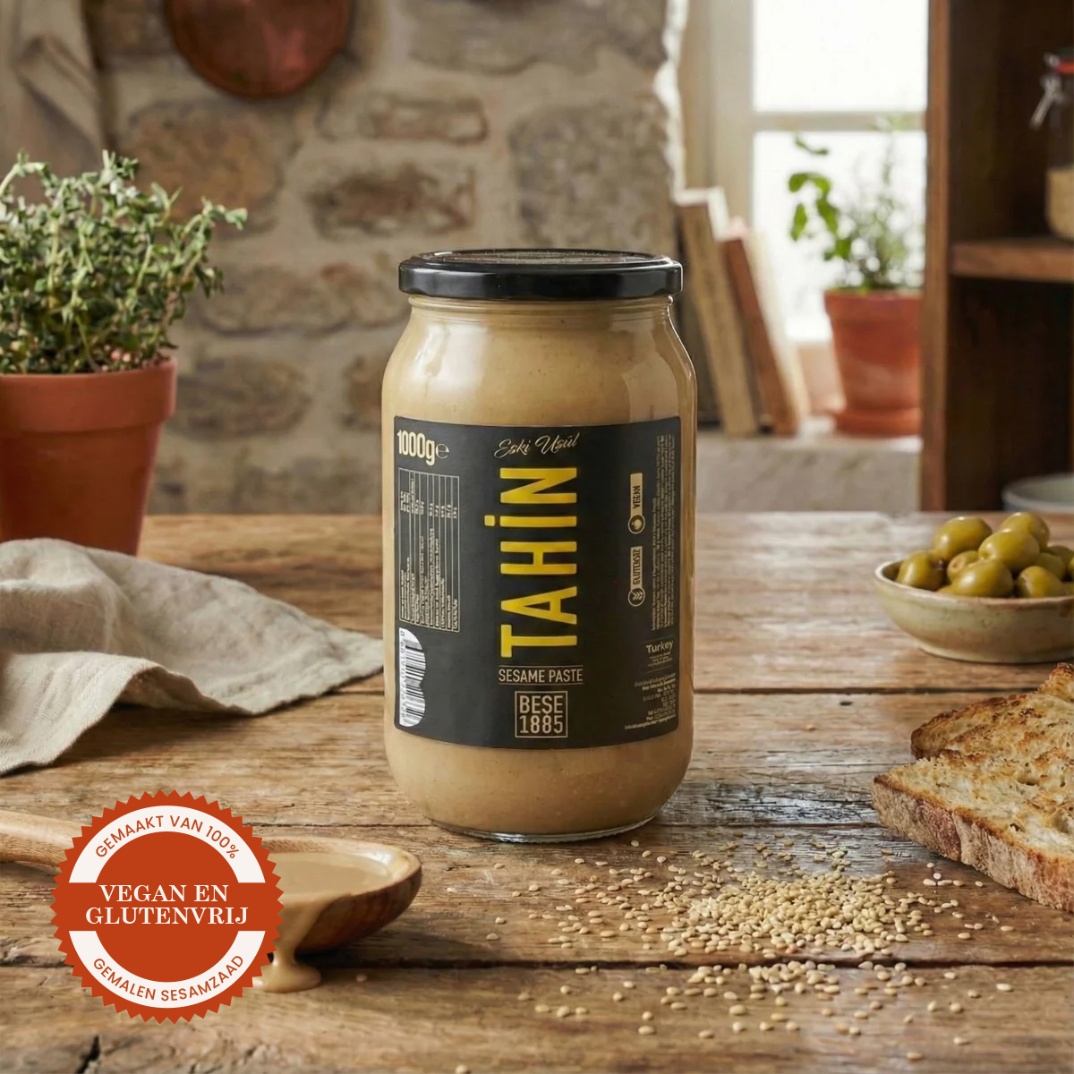 Premium Turkish Tahini – Stone-Ground Sesame Paste (1000g Family Jar) TurkelloFoods